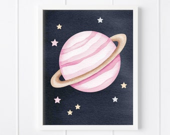 Pink Planet Space Print, Girl Room Printable Wall Art, Space Playroom Decor, Watercolour Planets Rocket Astronaut Posters, DIGITAL DOWNLOAD