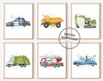 Stampe per cameretta dei bambini con tema trasporti, set di 6 stampe murali con auto e camion, decorazioni per la stanza dei giochi dei bambini, veicoli di emergenza per cantieri DOWNLOAD DIGITALE