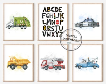 Transport Nursery Prints, Set of 6 Cars Trucks Printable Wall Art, Boy Playroom Decor, Construction Emergency Vehicles, DIGITAL DOWNLOAD