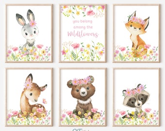 Woodland Animal Prints, Girl Nursery Prints, You Belong Among the Wildflowers, Forest Animal Prints, Baby Animals Wall Art, DIGITAL DOWNLOAD