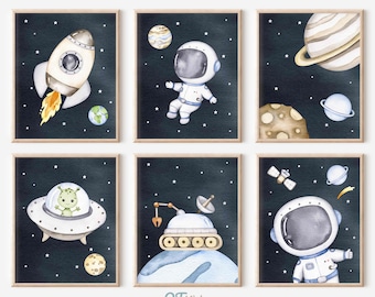 Space Nursery Prints, Boy Room Printable Wall Art, Space Playroom Decor, Watercolour Planets Rocket Astronaut Posters, DIGITAL DOWNLOAD