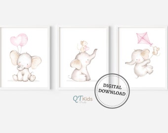 Elephant Printable Wall Art, Girl Nursery Prints, Pink Baby Girl Room Decor, Baby Shower Gift, Elephant Nursery Decor, DIGITAL DOWNLOAD