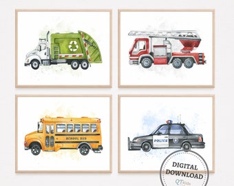 Transport Nursery Prints, Boy Room Wall Art, Boy Nursery Cars Decor, Cars Trucks Bus Vehicles Playroom Set of 4 Posters, DIGITAL DOWNLOAD