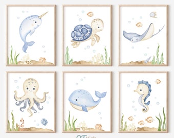 Láminas infantiles con temática marina, arte mural de animales marinos, láminas para habitación infantil de niño, decoración infantil con temática del océano azul, láminas náuticas para habitación de niño, DESCARGA DIGITAL