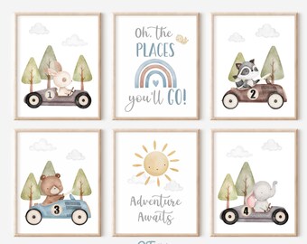 May include: Set of six watercolor prints featuring woodland animals driving vintage cars. The prints include a rabbit, raccoon, bear, and elephant. The text on the prints reads "Oh, the places you'll go!" and "Adventure Awaits".