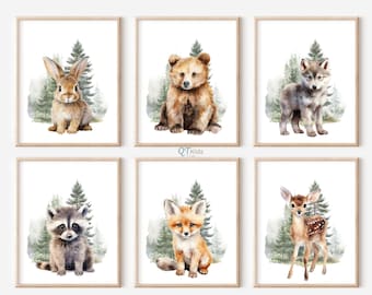 Woodland Animal Prints, Boy Nursery Printable Wall Art, Forest Animal Nursery Decor, Watercolour Bear Deer Fox Prints, DIGITAL DOWNLOAD