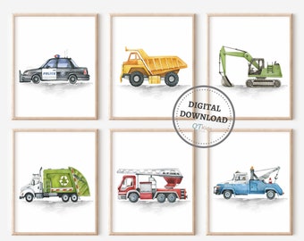 Transport Nursery Prints, Boy Room Wall Art, Boy Nursery Cars Decor, Cars Trucks Bus Vehicles Playroom Set of 6 Posters, DIGITAL DOWNLOAD