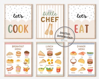 Kids Playroom Wall Art, Kitchen Playroom Decor, Little Chef, Pretend Play Kitchen Printable Wall Art, Breakfast Lunch Menus DIGITAL DOWNLOAD