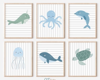 Láminas de animales del océano, decoración de pared para guardería bajo el mar, arte de pared imprimible con animales marinos, decoración de guardería para niños con océano, DESCARGA DIGITAL