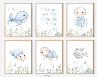 Under the Sea Nursery Prints, Boy Nursery Prints, Blue Ocean Nursery Decor, Sea Animals Posters, Nautical Kids Room Prints, DIGITAL DOWNLOAD