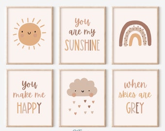 Boho Nursery Prints, You Are My Sunshine, Rainbow Cloud Printable Wall Art, Gender Neutral Minimalist Kids Room Prints, DIGITAL DOWNLOAD