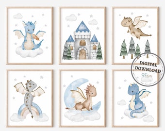 Dragons Nursery Prints, Boy Room Printable Wall Art, Playroom Wall Decor, Baby Dragon Kids Room Prints, Blue Dragon Poster DIGITAL DOWNLOAD