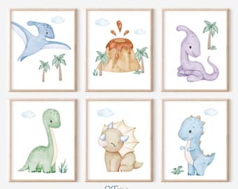 Watercolour Dinosaur Prints, Boy Room Printable Wall Art, Dino Playroom Decor, Set of 6 Pastel Blue Green Dinosaur Posters, DIGITAL DOWNLOAD