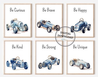 Vintage Race Car Nursery Prints, Boy Playroom Printable Wall Art, Blue Race Car Poster, Watercolour Racing Car Prints, DIGITAL DOWNLOAD