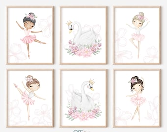 Ballerina Nursery Prints, Swan Girl Nursery Printable Wall Art, Baby Girl Room Decor, Pink Floral Swan Princess Prints, DIGITAL DOWNLOAD