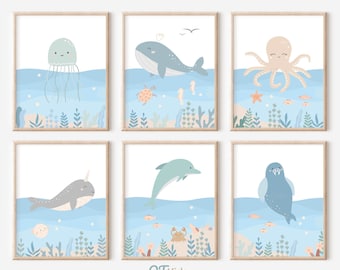 Sea Animal Nursery Prints, Under the Sea Nursery Wall Art, Ocean Themed Playroom Nursery, Whale Narwhal Octopus Prints, DIGITAL DOWNLOAD