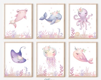 Sea Animal Nursery Prints, Girl Room Ocean Printable Wall Art, Under the Sea Playroom, Pink Sea Animals with Floral Crowns, DIGITAL DOWNLOAD
