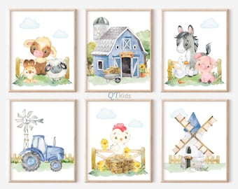 Farm Nursery Prints, Kids Room Blue Farm Tractor, Boy Playroom Wall Art, Set of 6 Barn Yard Animal Prints, Cow Sheep Pig, DIGITAL DOWNLOAD