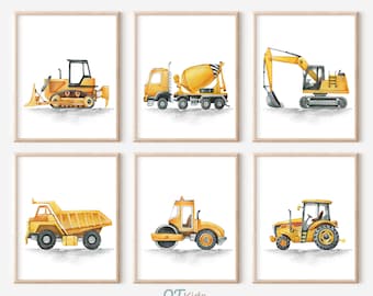Bouwvrachtwagens kinderkamer prints, jongenskamer bouw vrachtwagen muur kunst, speelkamer decor, aquarel vrachtwagen voertuigen posters digitale DOWNLOAD