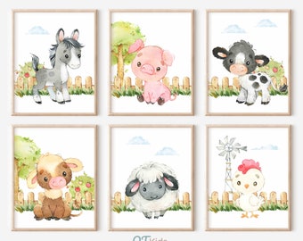 Farm Animal Prints Set of 6, Farm Nursery Printable Wall Art, Watercolour Barn Yard Animal Posters, Kids Playroom decor, DIGITAL DOWNLOAD
