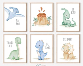 Dinosaur Nursery Prints, Pastel Dinos Wall Art, Boy Playroom Wall Art, Blue Green Dinosaur Posters, Boy Room Wall Decor, DIGITAL DOWNLOAD