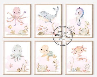Pink Sea Animal Nursery Prints, Ocean Animal Printable Wall Art, Nautical Girl Playroom Decor, Under the Sea Nursery Decor, DIGITAL DOWNLOAD