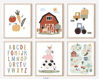 Farm Nursery Prints, Farm Animal Printable Wall Art, Kids Room Farm Decor, Farm Posters Set of 6, Red Barn Tractor Prints, DIGITAL DOWNLOAD