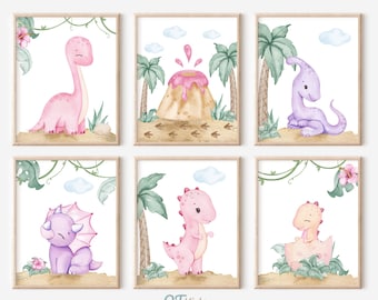 May include: Set of six watercolor dinosaur prints featuring pink and purple dinosaurs in a jungle setting. The prints include a dinosaur hatching from an egg, a dinosaur with a volcano, and a dinosaur with palm trees.