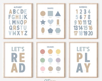 Educational Prints, Alphabet Numbers Shapes Colours, Boy Playroom Printable Wall Art, Watercolour ABC Blue Nursery Prints, DIGITAL DOWNLOAD