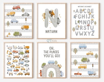 Personalized Transport Nursery Prints, Custom Name Printable Wall Art, Boy Room Trucks Decor, Transport Vehicle Posters, DIGITAL DOWNLOAD