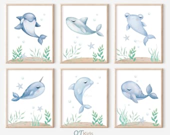 Sea Animal Prints, Under the Sea Nursery Wall Art, Whale Turtle Shark Printable Wall Art, Blue Grey Ocean Animal Art Prints DESCARGA DIGITAL