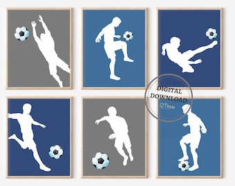 Soccer Player Kids Room Prints, Boy Room Sports Printable Wall Art, Blue Grey Playroom Decor, Football Players Prints, DIGITAL DOWNLOAD