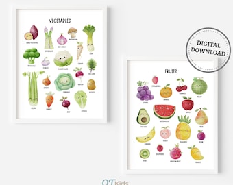 May include: Two printable posters featuring colorful illustrations of fruits and vegetables with their names. The posters are on a white background and have a cartoon style.