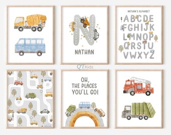 Personalized Transport Nursery Prints, Boy Room Trucks Decor, Custom Name Printable Wall Art, Transport Vehicle Posters, DIGITAL DOWNLOAD