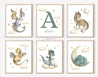 Impressão personalizada do berçário do dragão, arte de parede com nome personalizado, decoração da sala de jogos do dragão, pôster do dragão verde do quarto das crianças do bebê, download digital