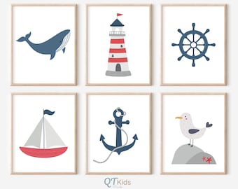 Nautical Prints for Boys Room, Boy Nursery Printable Wall Art, Navy Red Sailboat Ocean Posters, Nautical Playroom Prints, DIGITAL DOWNLOAD