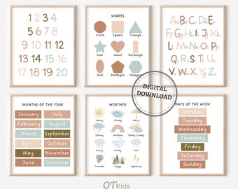 Affiches éducatives neutres, Alphabet Numbers Weather Shapes Prints, Home School Classroom Printable Learning Posters, TÉLÉCHARGEMENT NUMÉRIQUE