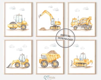 Construction Trucks Nursery Prints, Transportation Vehicles Truck Posters Set of 6, Boy Playroom Printable Wall Art Prints, DIGITAL DOWNLOAD