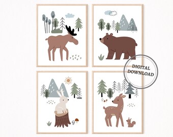 Woodland Nursery Prints, Forest Animal Printable Wall Art, Woodland Playroom Decor, Boho Nursery Prints, Scandinavian Decor DIGITAL DOWNLOAD