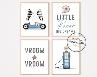 May include: Set of four printable nursery art prints featuring a blue race car, checkered flags, a racing helmet, a gas pump, and the text "Little Racer Big Dreams" and "Vroom Vroom".