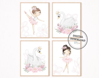 Ballerina Nursery Prints, Swan Girl Nursery Printable Wall Art, Baby Girl Room Decor, Pink Floral Swan Princess Prints, DIGITAL DOWNLOAD