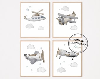 May include: Set of four printable nursery art prints featuring watercolor illustrations of airplanes and a helicopter in shades of gray and blue against a white background with clouds and stars.
