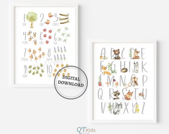 May include: Two printable posters featuring a woodland theme. The first poster shows the numbers 1-10 with corresponding woodland animals and objects. The second poster shows the alphabet with corresponding woodland animals. Both posters have a white background with gray text.