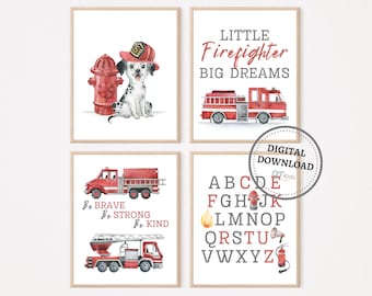 Watercolour Fire Truck Prints, Firefighter Fire Engine Nursery Wall Art, Boy Room Decor, Playroom Truck Vehicles Posters, DIGITAL DOWNLOAD