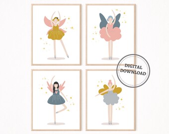 Ballerina Prints, Girl Nursery Bedroom Printable Wall Art, Fairies Art Prints, Set of 4, Boho Nursery Decor, Playroom Print DIGITAL DOWNLOAD
