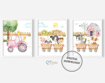 Farm Nursery Prints, Farm Animal Art Prints, Floral Girl Room Wall Art, Pink Flowers, Barn Yard Animals, Tractor Prints, DIGITAL DOWNLOAD