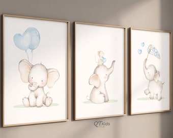 Baby Elephant Nursery Prints, Blue Baby Room Decor, Hearts Balloons, Playroom Printable Wall Art, Safari Animal Prints, DIGITAL DOWNLOAD