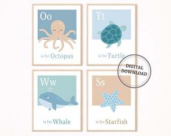 Láminas de animales del océano, decoración de pared para guardería bajo el mar, arte de pared imprimible con animales marinos, decoración de guardería para niños con océano, DESCARGA DIGITAL