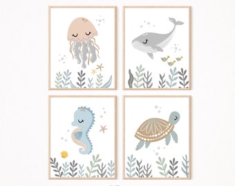 Impresiones de guardería bajo el mar, Arte de pared imprimible para animales oceánicos, Decoración de pared neutra de la sala de juegos para niños, Conjunto de 4 carteles de vida marina, DESCARGA DIGITAL