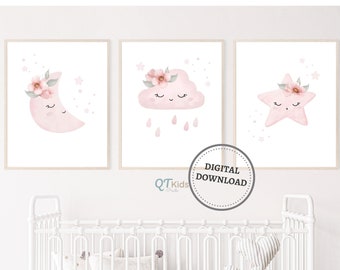 Floral Moon Star Cloud Nursery Prints, Pink Nursery Decor, Girl Room Printable Wall Art, Boho Nursery Prints, Sleeping Moon DIGITAL DOWNLOAD